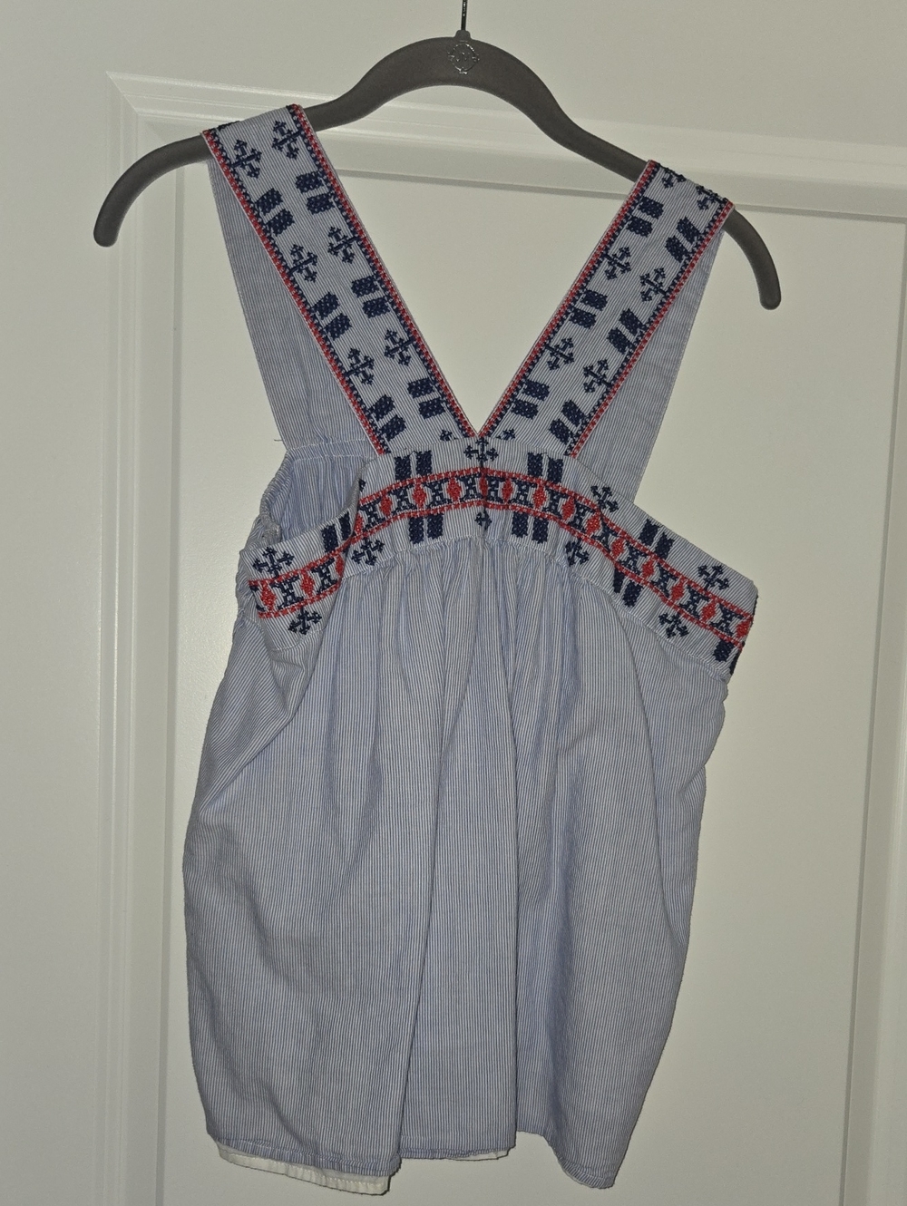 Blue Rain Light Blue Striped Tank with Navy & Red Embroidery